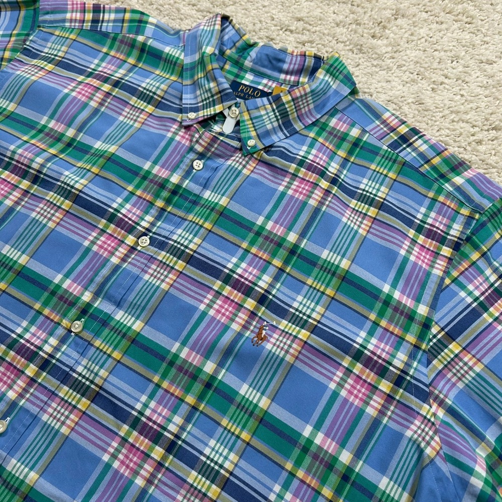 Polo Ralph Lauren Button Down Shirt 3XLT Blue Plaid Short Sleeve Oxford Big Tall